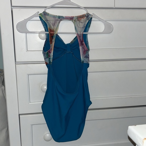 Large child colourful bodysuit. Audition dance wear leotard. Turquoise & flowers - Picture 2 of 4